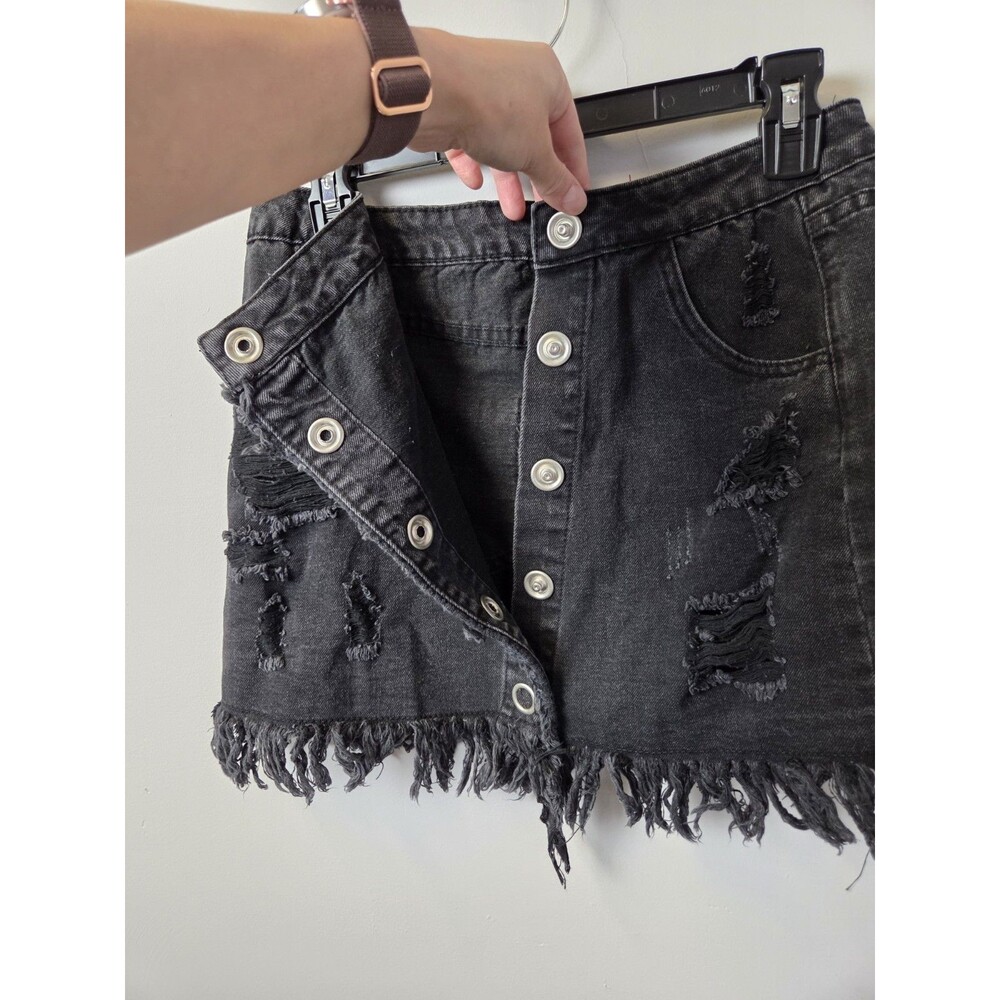 Signature8 Black Distressed Button Front Denim Mini Skirt Size M - Picture 5 of 8